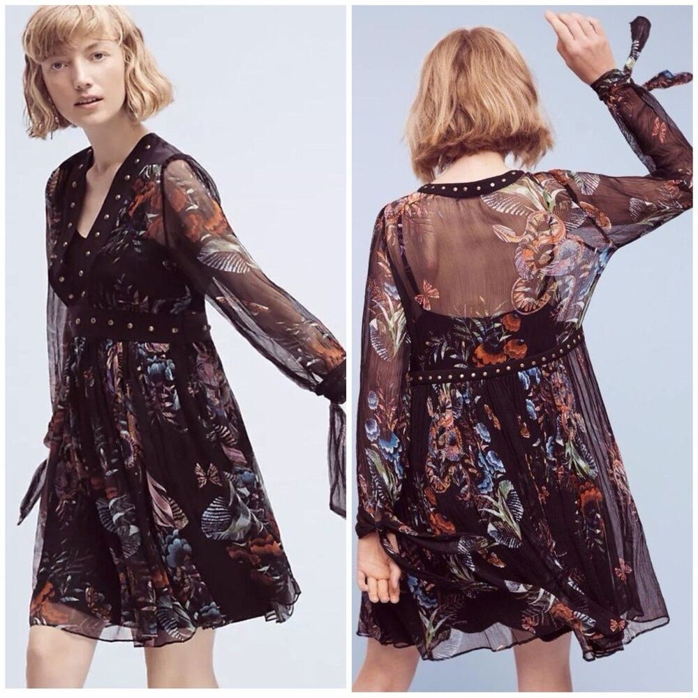 Anthropologie Maeve Nighttime Florals Chiffon Dress Black Size 0 Long Sleeve